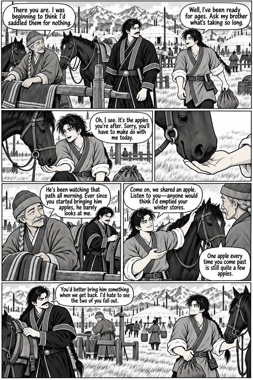 Manga page 3: an old man greets the brothers at the horses; Istemi feeds an apple to a black horse.