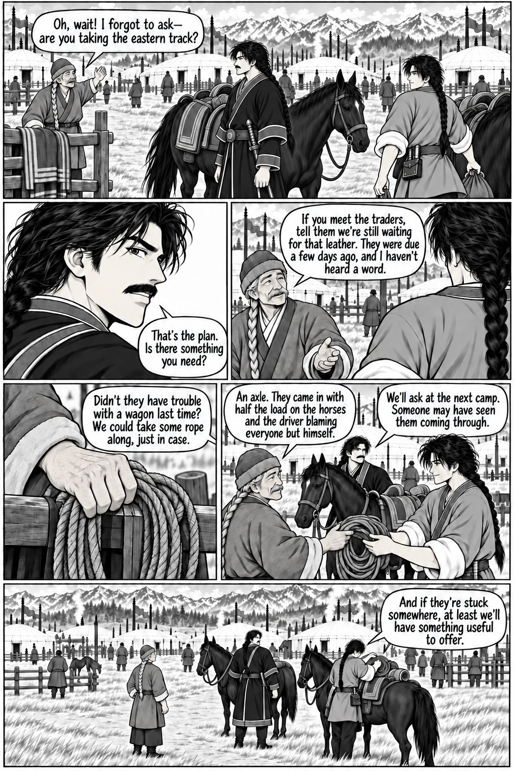 Manga page 4: the old man asks the brothers to remind the traders on the eastern track about the overdue leather; Istemi takes a coil of rope.